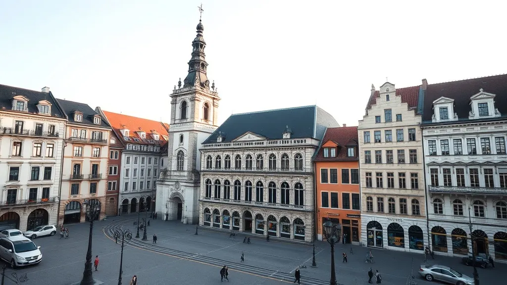 A wide angle view of Győr city center architecture, focus on
