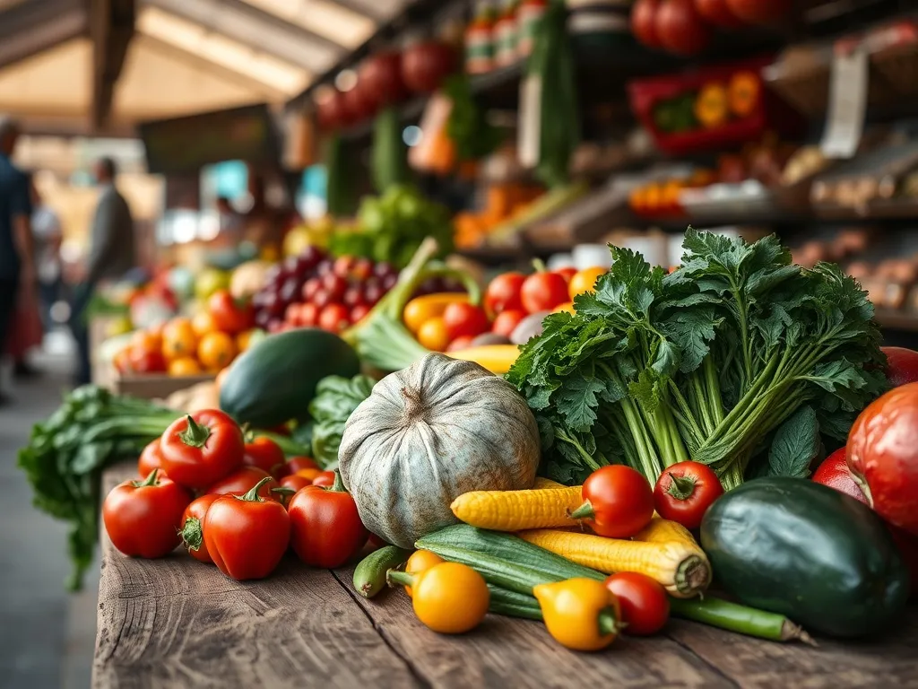 A close-up of fresh vegetables on a rustic wooden table in a