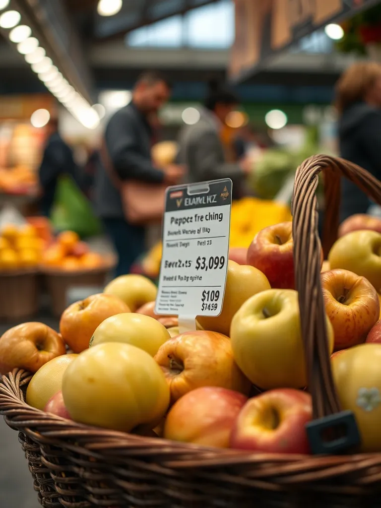 A detailed close-up of a price tag on a basket of apples at