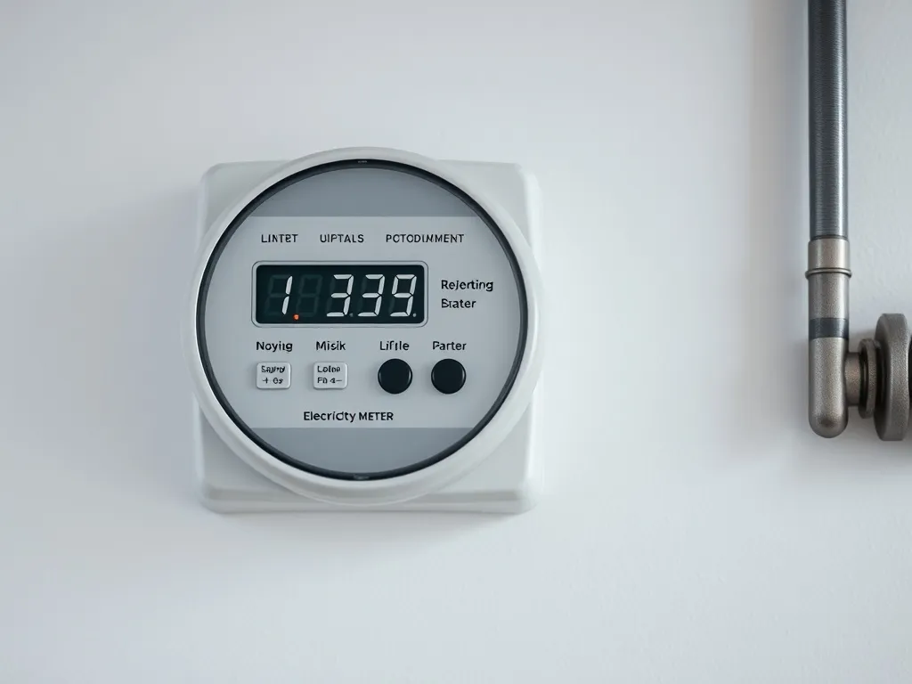 Close-up of a modern digital electricity meter on a white wa
